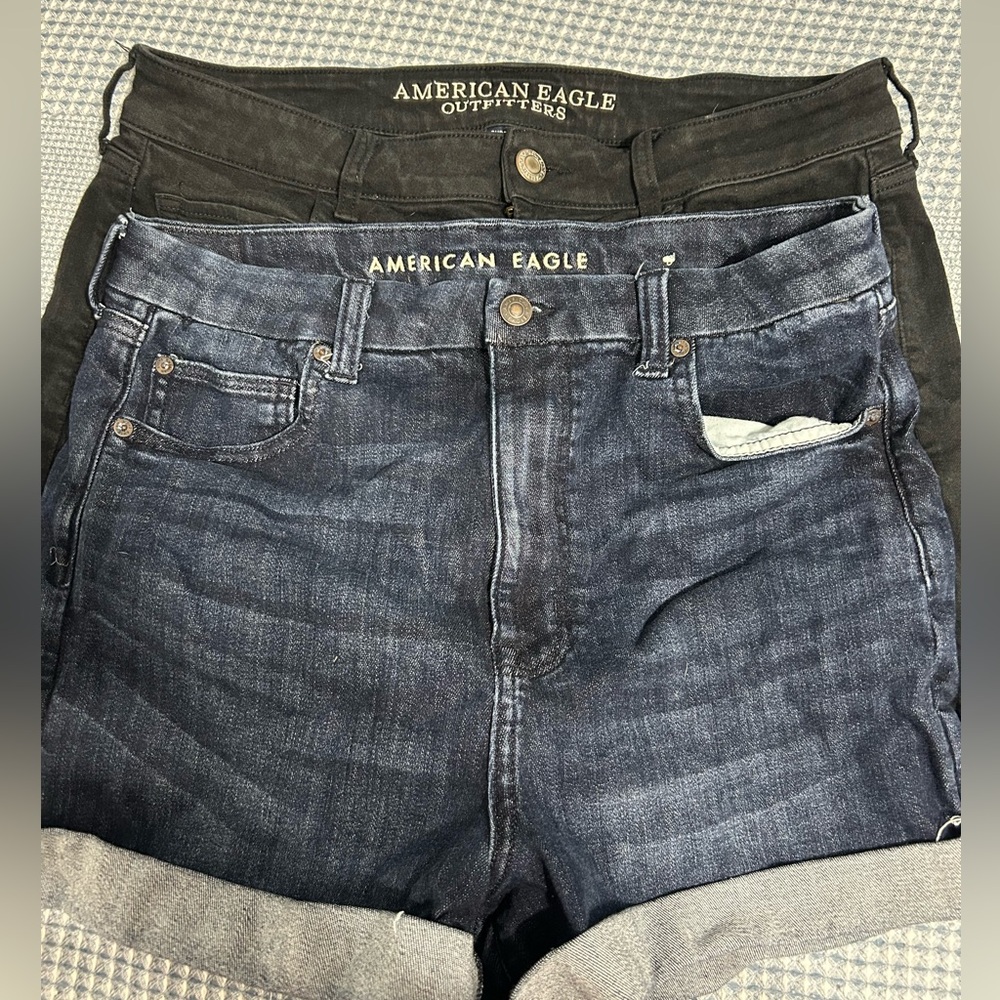 Two American eagle jean shorts one black and one blue